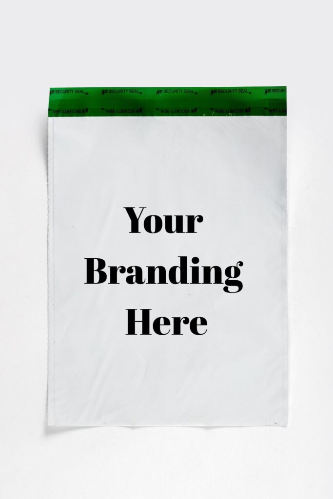 Custom Security Bag Web Image - A white security bag with a green stripe at the top, featuring the text "Your Branding Here"
